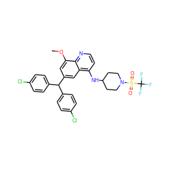 COc1cc(C(c2ccc(Cl)cc2)c2ccc(Cl)cc2)cc2c(NC3CCN(S(=O)(=O)C(F)(F)F)CC3)ccnc12 ZINC001772585815