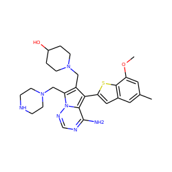 COc1cc(C)cc2cc(-c3c(CN4CCC(O)CC4)c(CN4CCNCC4)n4ncnc(N)c34)sc12 ZINC000220095035