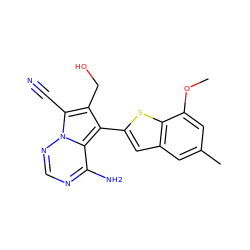 COc1cc(C)cc2cc(-c3c(CO)c(C#N)n4ncnc(N)c34)sc12 ZINC000218042598