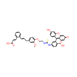 COc1cc(C/C=C/c2ccccc2/C=C/C(=O)O)ccc1OCCNC(=S)Nc1ccc(C(=O)O)c(-c2c3ccc(=O)cc-3oc3cc(O)ccc23)c1 ZINC000095557089