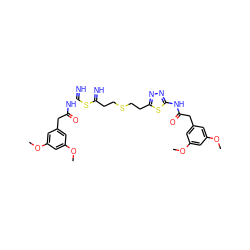 COc1cc(CC(=O)NC(=N)SC(=N)CCSCCc2nnc(NC(=O)Cc3cc(OC)cc(OC)c3)s2)cc(OC)c1 ZINC000169697988