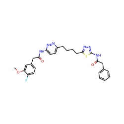 COc1cc(CC(=O)Nc2ccc(CCCCc3nnc(NC(=O)Cc4ccccc4)s3)nn2)ccc1F ZINC000169698451