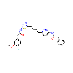 COc1cc(CC(=O)Nc2nnc(CCCCc3ccc(NC(=O)Cc4ccccc4)nn3)s2)ccc1F ZINC000169698433