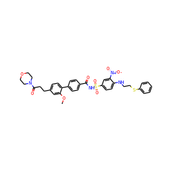 COc1cc(CCC(=O)N2CCOCC2)ccc1-c1ccc(C(=O)NS(=O)(=O)c2ccc(NCCSc3ccccc3)c([N+](=O)[O-])c2)cc1 ZINC000028568910