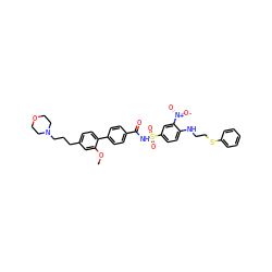 COc1cc(CCCN2CCOCC2)ccc1-c1ccc(C(=O)NS(=O)(=O)c2ccc(NCCSc3ccccc3)c([N+](=O)[O-])c2)cc1 ZINC000028569752