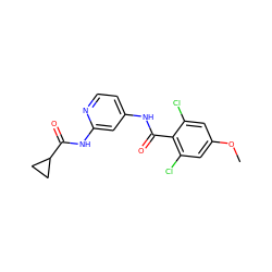 COc1cc(Cl)c(C(=O)Nc2ccnc(NC(=O)C3CC3)c2)c(Cl)c1 ZINC000096928683