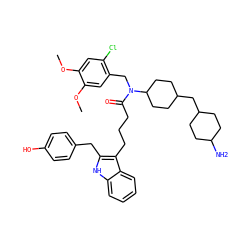 COc1cc(Cl)c(CN(C(=O)CCCc2c(Cc3ccc(O)cc3)[nH]c3ccccc23)C2CCC(CC3CCC(N)CC3)CC2)cc1OC ZINC000028826068