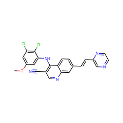 COc1cc(Cl)c(Cl)c(Nc2c(C#N)cnc3cc(/C=C/c4cnccn4)ccc23)c1 ZINC000028334015