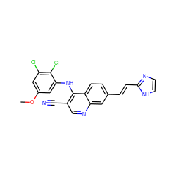 COc1cc(Cl)c(Cl)c(Nc2c(C#N)cnc3cc(/C=C/c4ncc[nH]4)ccc23)c1 ZINC000028334923