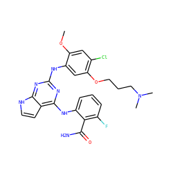 COc1cc(Cl)c(OCCCN(C)C)cc1Nc1nc(Nc2cccc(F)c2C(N)=O)c2cc[nH]c2n1 ZINC000042876800