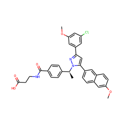COc1cc(Cl)cc(-c2cc(-c3ccc4cc(OC)ccc4c3)n([C@@H](C)c3ccc(C(=O)NCCC(=O)O)cc3)n2)c1 ZINC000095117927