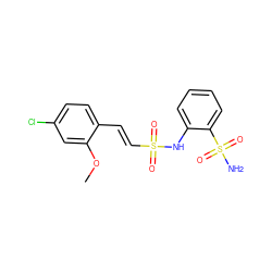 COc1cc(Cl)ccc1/C=C/S(=O)(=O)Nc1ccccc1S(N)(=O)=O ZINC000043206722