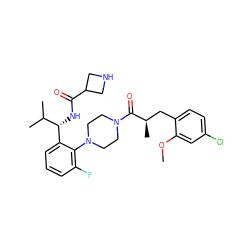 COc1cc(Cl)ccc1C[C@@H](C)C(=O)N1CCN(c2c(F)cccc2[C@@H](NC(=O)C2CNC2)C(C)C)CC1 ZINC000042889080