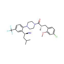 COc1cc(Cl)ccc1C[C@H](C)C(=O)N1CCN(c2ccc(C(F)(F)F)cc2[C@@H](N)CC(C)C)CC1 ZINC000036285734