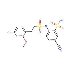 COc1cc(Cl)ccc1CCS(=O)(=O)Nc1ccc(C#N)cc1S(N)(=O)=O ZINC000147894636