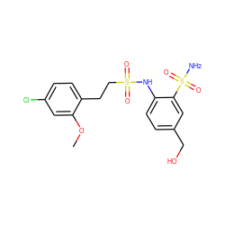 COc1cc(Cl)ccc1CCS(=O)(=O)Nc1ccc(CO)cc1S(N)(=O)=O ZINC000147570244