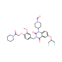 COc1cc(Cn2c(=O)c3cc(OC(CF)CF)ccc3n(C3CCN(C=O)CC3)c2=O)ccc1OCC(=O)N1CCCCC1 ZINC000043207155