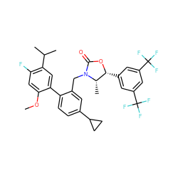 COc1cc(F)c(C(C)C)cc1-c1ccc(C2CC2)cc1CN1C(=O)O[C@H](c2cc(C(F)(F)F)cc(C(F)(F)F)c2)[C@@H]1C ZINC000073224450