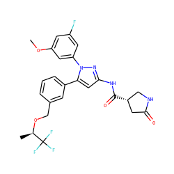 COc1cc(F)cc(-n2nc(NC(=O)[C@@H]3CNC(=O)C3)cc2-c2cccc(CO[C@H](C)C(F)(F)F)c2)c1 ZINC000169707434