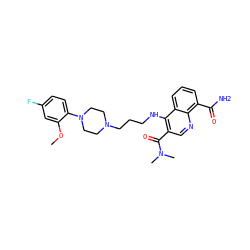 COc1cc(F)ccc1N1CCN(CCCNc2c(C(=O)N(C)C)cnc3c(C(N)=O)cccc23)CC1 ZINC000013764592