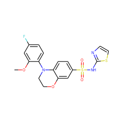 COc1cc(F)ccc1N1CCOc2cc(S(=O)(=O)Nc3nccs3)ccc21 ZINC000220212170