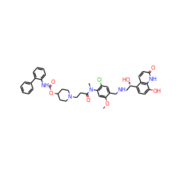 COc1cc(N(C)C(=O)CCN2CCC(OC(=O)Nc3ccccc3-c3ccccc3)CC2)c(Cl)cc1CNC[C@H](O)c1ccc(O)c2[nH]c(=O)ccc12 ZINC000299861069