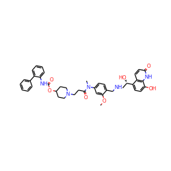 COc1cc(N(C)C(=O)CCN2CCC(OC(=O)Nc3ccccc3-c3ccccc3)CC2)ccc1CNC[C@H](O)c1ccc(O)c2[nH]c(=O)ccc12 ZINC000164683639