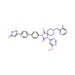 COc1cc(N2C(=O)N(c3ccc(-c4ccc(-c5cc(=O)[nH][nH]5)cc4)cc3)C(=O)C23CCN(Cc2ncccc2C)CC3)ncn1 ZINC000084669747