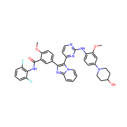COc1cc(N2CCC(O)CC2)ccc1Nc1nccc(-c2c(-c3ccc(OC)c(C(=O)Nc4c(F)cccc4F)c3)nc3ccccn23)n1 ZINC000165062859