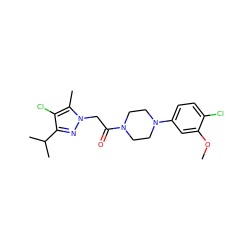 COc1cc(N2CCN(C(=O)Cn3nc(C(C)C)c(Cl)c3C)CC2)ccc1Cl ZINC000095584479