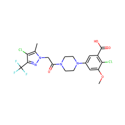 COc1cc(N2CCN(C(=O)Cn3nc(C(F)(F)F)c(Cl)c3C)CC2)cc(C(=O)O)c1Cl ZINC000095581793