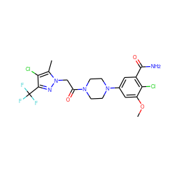 COc1cc(N2CCN(C(=O)Cn3nc(C(F)(F)F)c(Cl)c3C)CC2)cc(C(N)=O)c1Cl ZINC000095583099