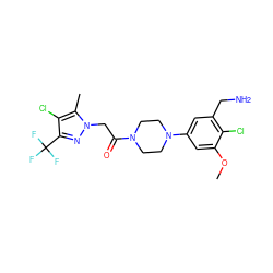 COc1cc(N2CCN(C(=O)Cn3nc(C(F)(F)F)c(Cl)c3C)CC2)cc(CN)c1Cl ZINC000095583373