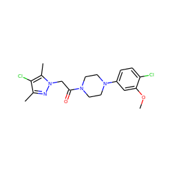 COc1cc(N2CCN(C(=O)Cn3nc(C)c(Cl)c3C)CC2)ccc1Cl ZINC000095584375