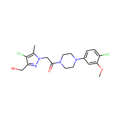 COc1cc(N2CCN(C(=O)Cn3nc(CO)c(Cl)c3C)CC2)ccc1Cl ZINC000095581478