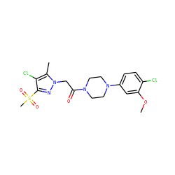 COc1cc(N2CCN(C(=O)Cn3nc(S(C)(=O)=O)c(Cl)c3C)CC2)ccc1Cl ZINC000095581297