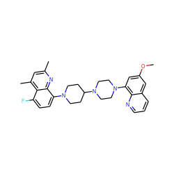 COc1cc(N2CCN(C3CCN(c4ccc(F)c5c(C)cc(C)nc45)CC3)CC2)c2ncccc2c1 ZINC000049089088