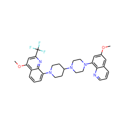 COc1cc(N2CCN(C3CCN(c4cccc5c(OC)cc(C(F)(F)F)nc45)CC3)CC2)c2ncccc2c1 ZINC000049783850