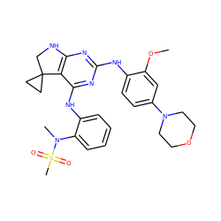 COc1cc(N2CCOCC2)ccc1Nc1nc2c(c(Nc3ccccc3N(C)S(C)(=O)=O)n1)C1(CC1)CN2 ZINC000200873044