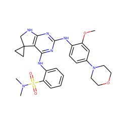 COc1cc(N2CCOCC2)ccc1Nc1nc2c(c(Nc3ccccc3S(=O)(=O)N(C)C)n1)C1(CC1)CN2 ZINC000221669320