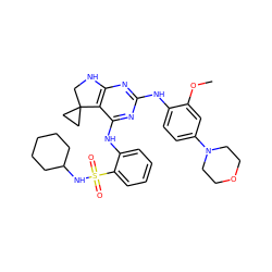 COc1cc(N2CCOCC2)ccc1Nc1nc2c(c(Nc3ccccc3S(=O)(=O)NC3CCCCC3)n1)C1(CC1)CN2 ZINC000221677753