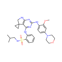 COc1cc(N2CCOCC2)ccc1Nc1nc2c(c(Nc3ccccc3S(=O)(=O)NCC(C)C)n1)C1(CC1)CN2 ZINC000221716147