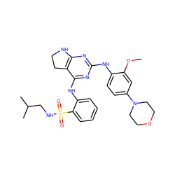 COc1cc(N2CCOCC2)ccc1Nc1nc2c(c(Nc3ccccc3S(=O)(=O)NCC(C)C)n1)CCN2 ZINC000221644810