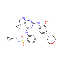 COc1cc(N2CCOCC2)ccc1Nc1nc2c(c(Nc3ccccc3S(=O)(=O)NCC3CC3)n1)C1(CC1)CN2 ZINC000221682633