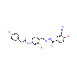 COc1cc(NC(=O)Cc2ccc(Cl)cc2)ccc1/C=N/NC(=O)c1ccc(O)c(C#N)c1 ZINC000013492722