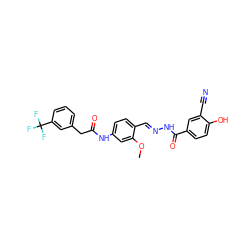 COc1cc(NC(=O)Cc2cccc(C(F)(F)F)c2)ccc1/C=N/NC(=O)c1ccc(O)c(C#N)c1 ZINC000013492723