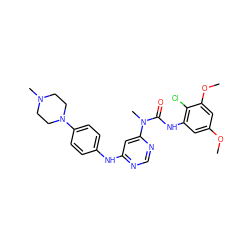 COc1cc(NC(=O)N(C)c2cc(Nc3ccc(N4CCN(C)CC4)cc3)ncn2)c(Cl)c(OC)c1 ZINC000072125206