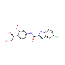 COc1cc(NC(=O)c2cc3cc(Cl)ccc3[nH]2)ccc1[C@H](O)CO ZINC000040836387