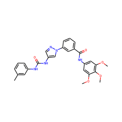 COc1cc(NC(=O)c2cccc(-n3cc(NC(=O)Nc4cccc(C)c4)cn3)c2)cc(OC)c1OC ZINC000071773480