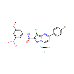 COc1cc(NC(=O)c2nn3c(C(F)(F)F)cc(-c4ccc(Br)cc4)nc3c2Cl)cc([N+](=O)[O-])c1 ZINC000000845285